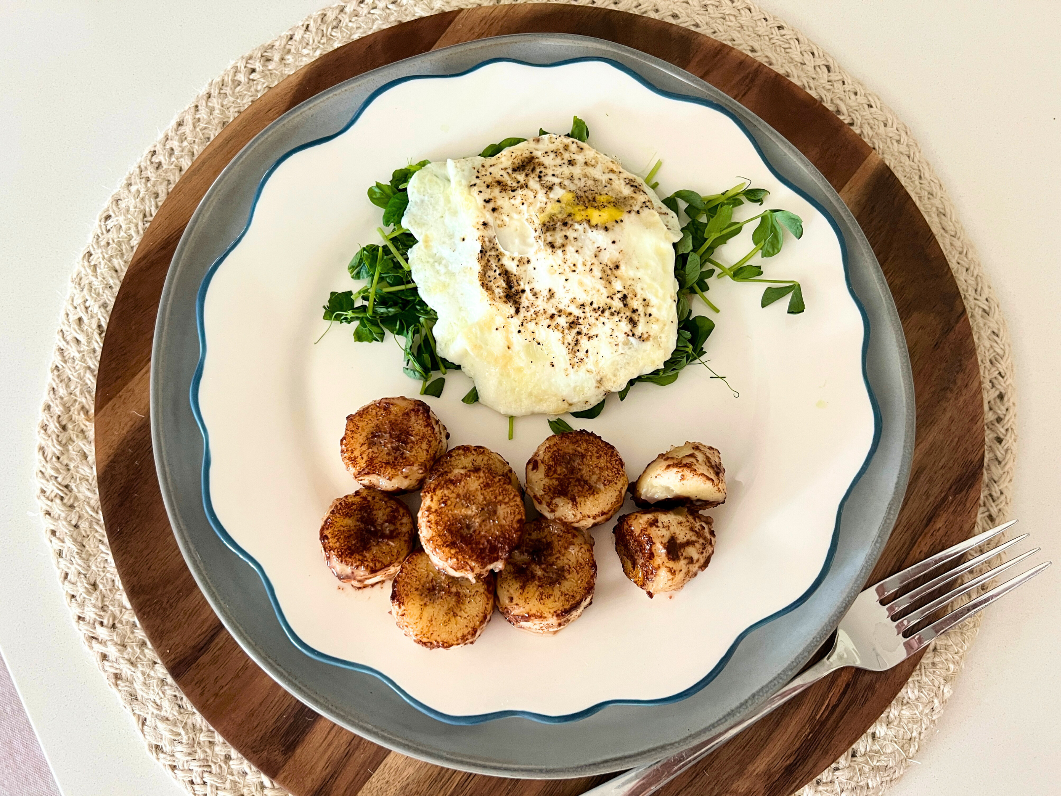 Egg Over Speckled Pea Microgreens & Fried Cinnamon Bananas