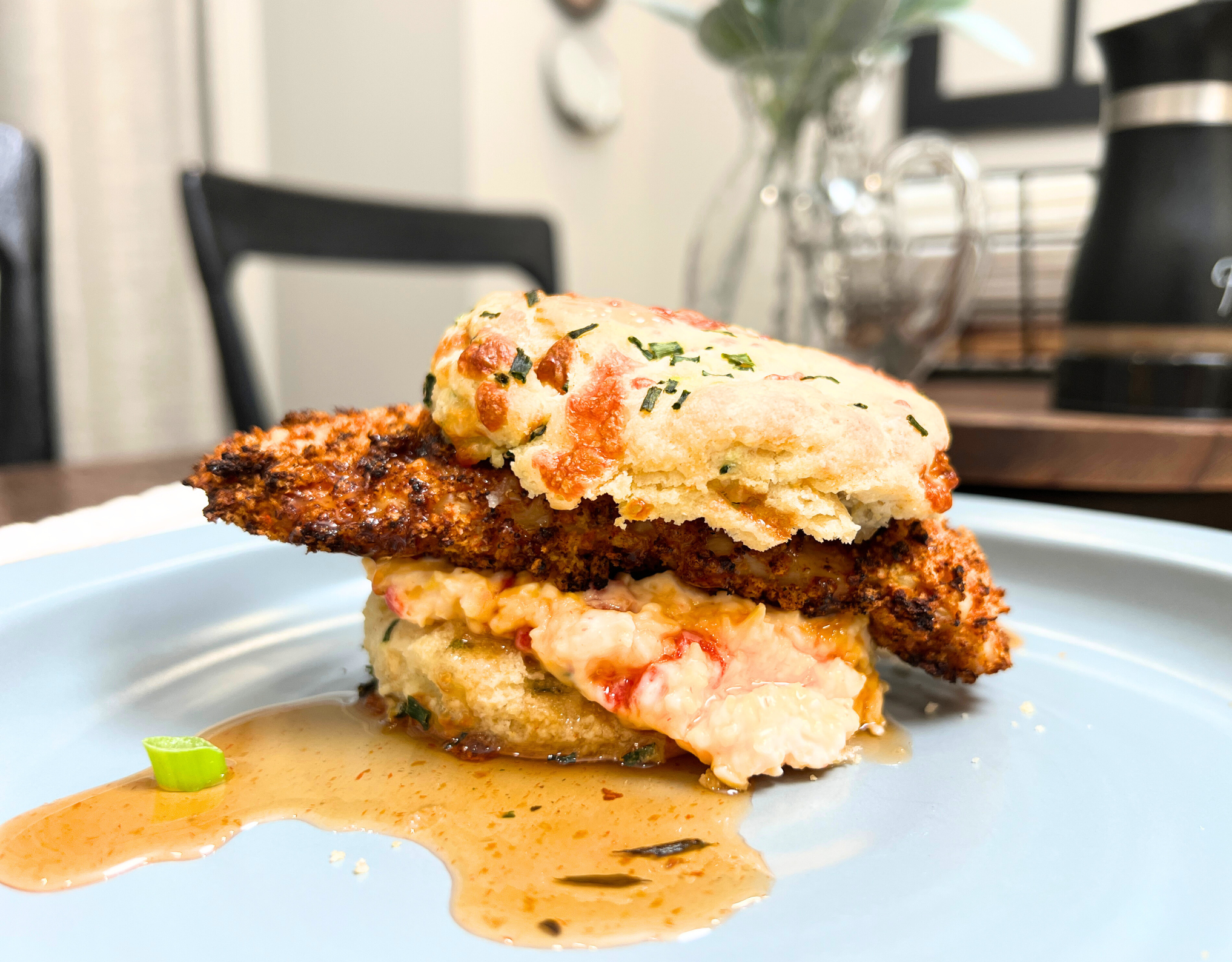 Air Fryer Cheddar-Chive Chicken Biscuits with Pimento & Siracha Honey