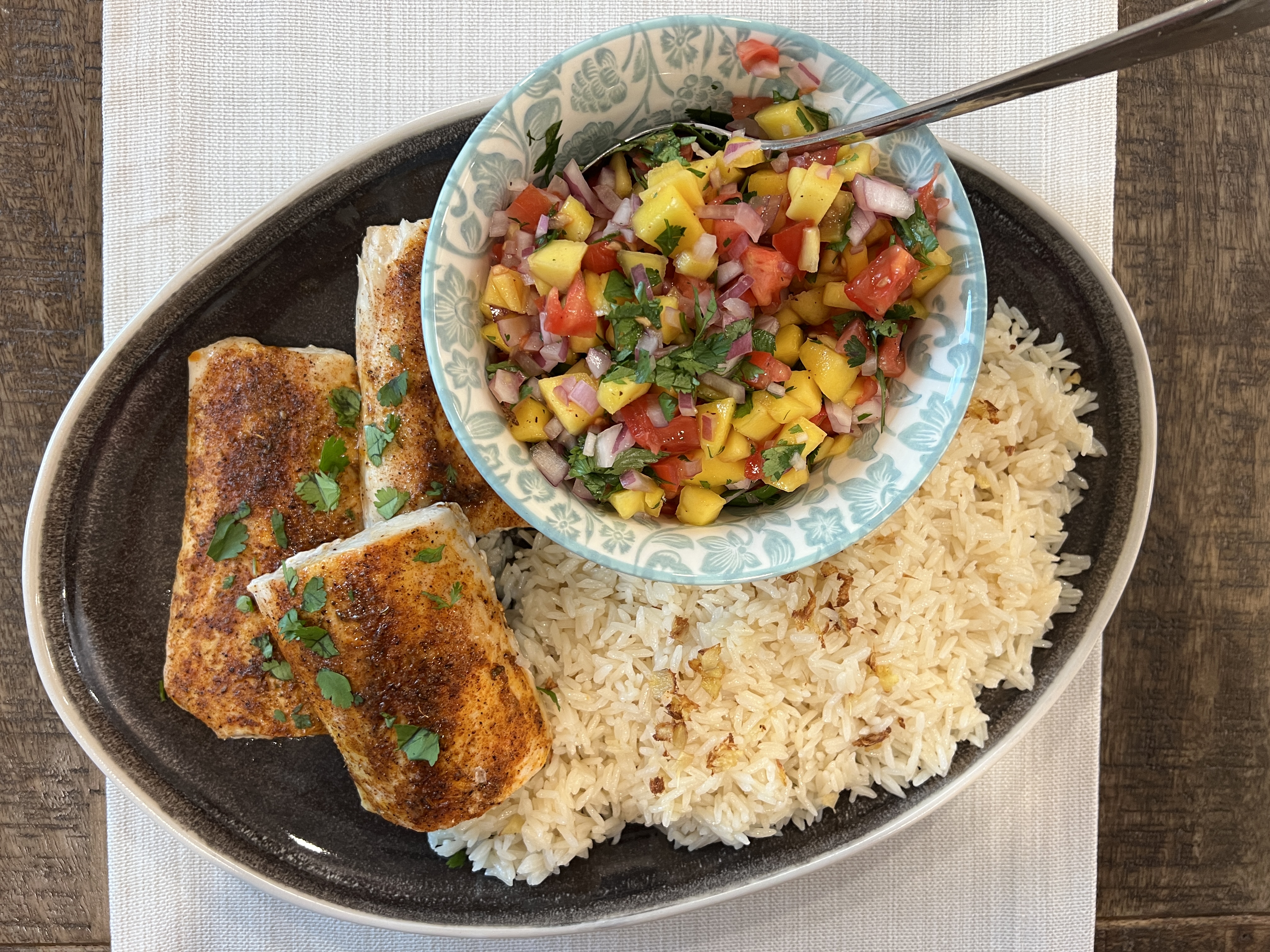 Summer Mahi with Mango-Tomato Salsa & Coco-Ginger Rice