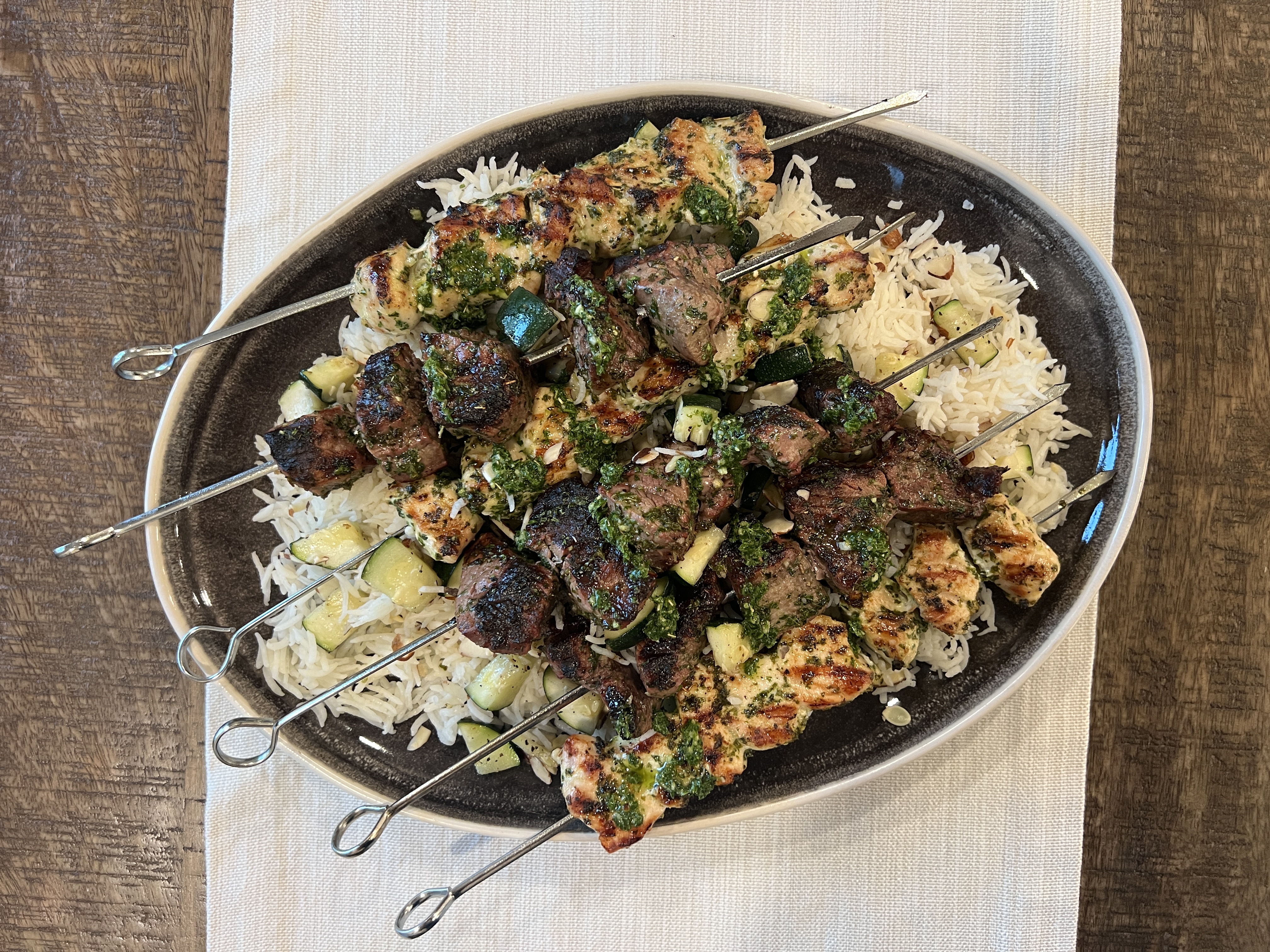 Chicken & Steak Chimichurri Skewers with Zucchini Almond Rice