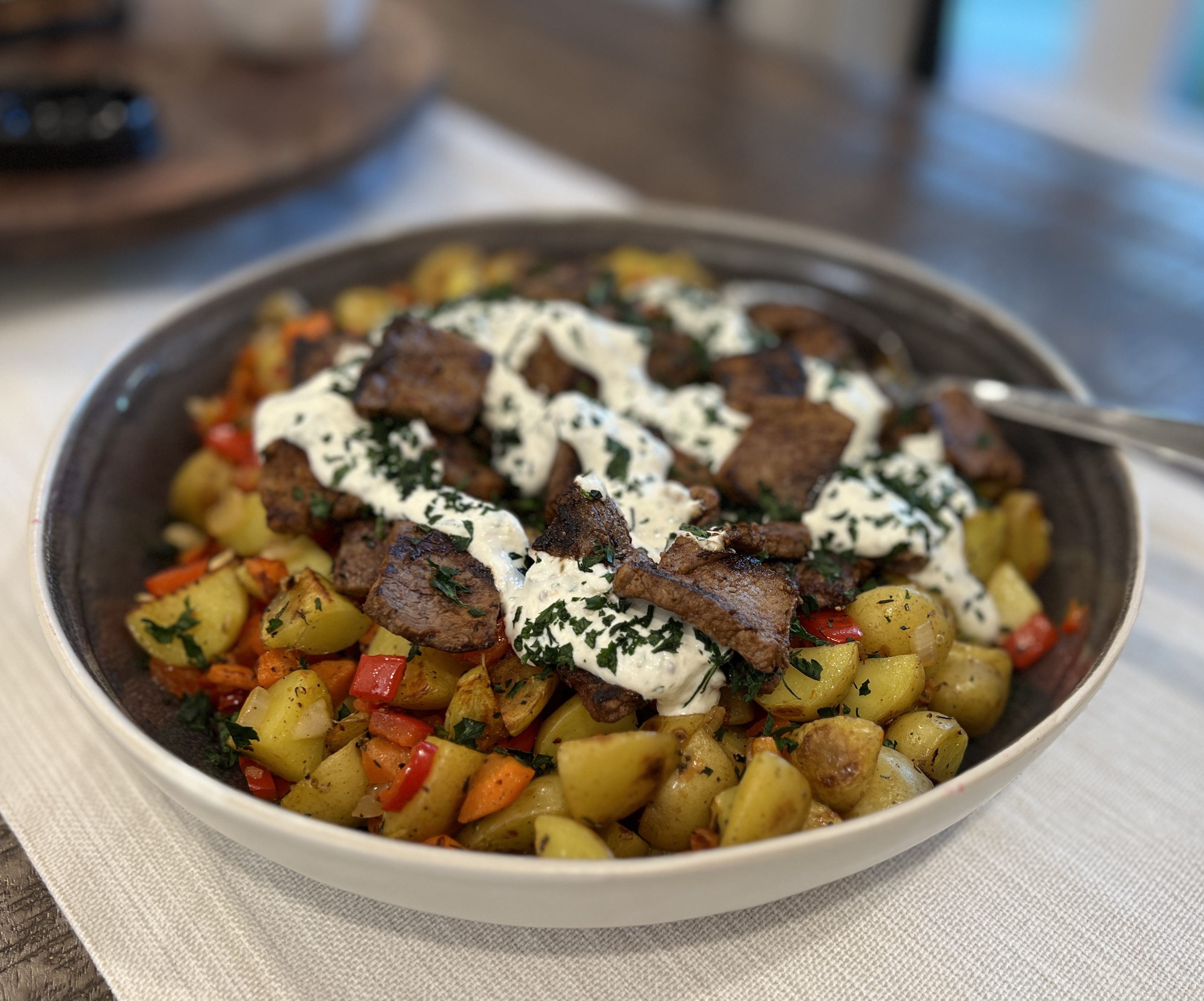 Beef Tenderloin Hash with Horseradish Cream Sauce